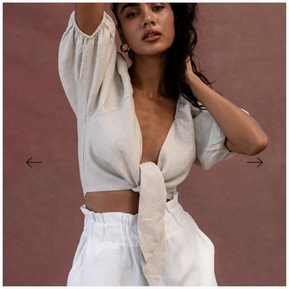 POSEE Mia 100% Linen Tie front women Top Size XS Plunge Puff Sleeve Lagenlook - Picture 9 of 9